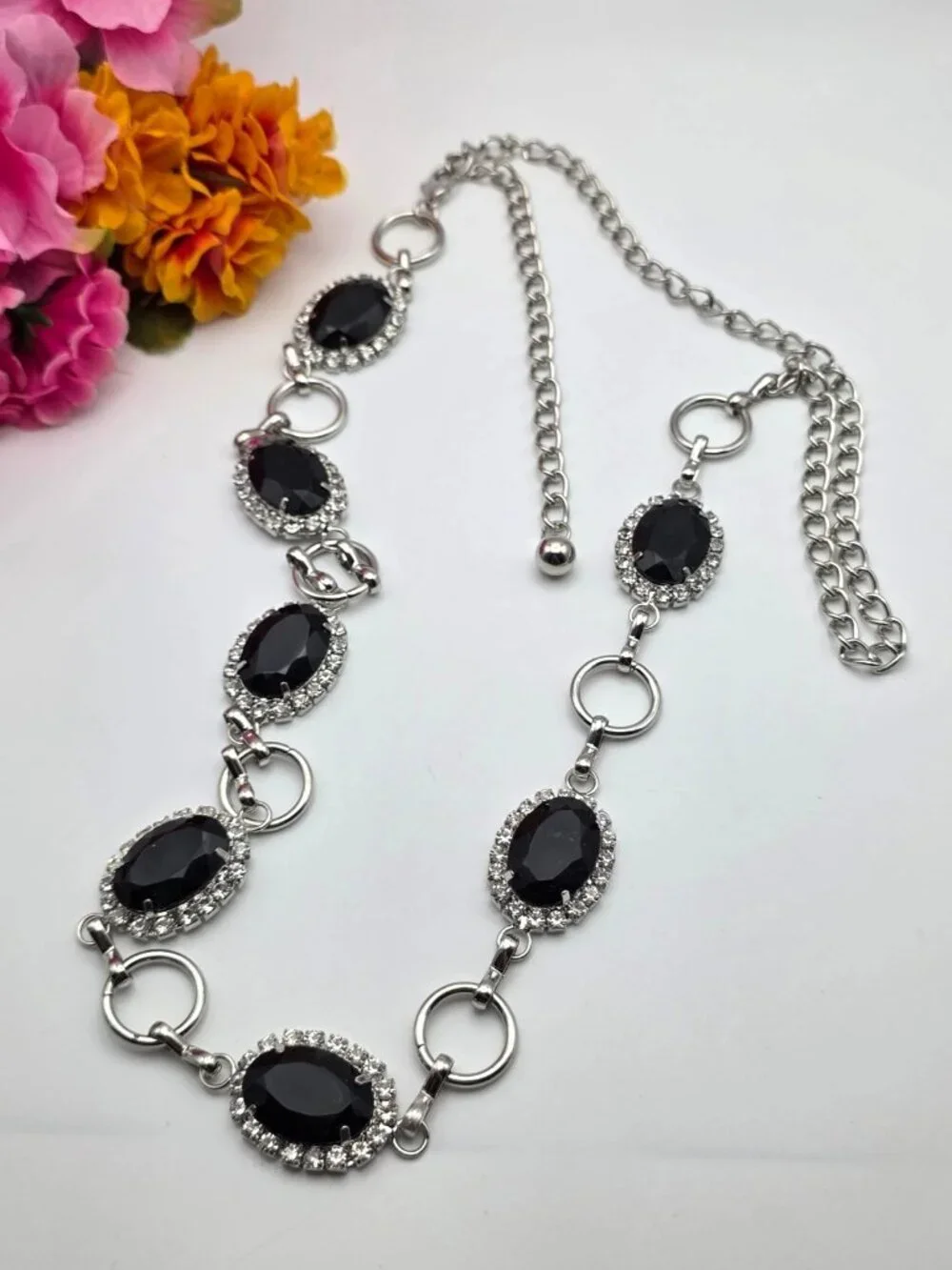 Black Faceted Glass Crystal Chain Belt Silver Tone Adjustable 44 In Statement